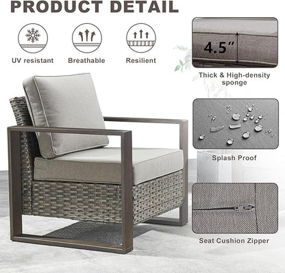 Rilyson Outdoor Wicker Patio Furniture Set - 4 Piece Patio Conversation Set with 2 Wicker Armrest Chairs,2 Rattan Ottoman, Sturdy Frame, Thick Cushions, Deep Seating(Mixed Grey/Grey)