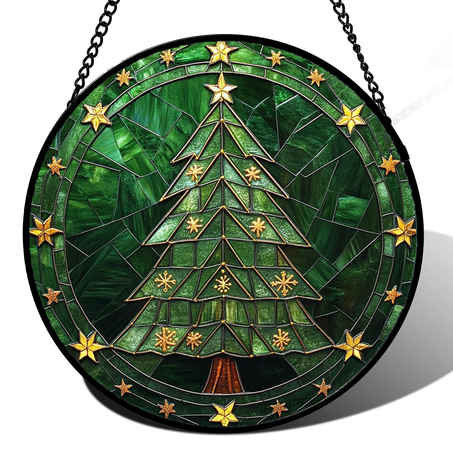 Stained Glass Window Hanging - Green Christmas Tree with Golden Stars Suncatcher for Doors Home Christmas Decoration Sun Catcher Thanksgiving New Year Birthday Gifts for Women Men Mom Nana 6.3 in