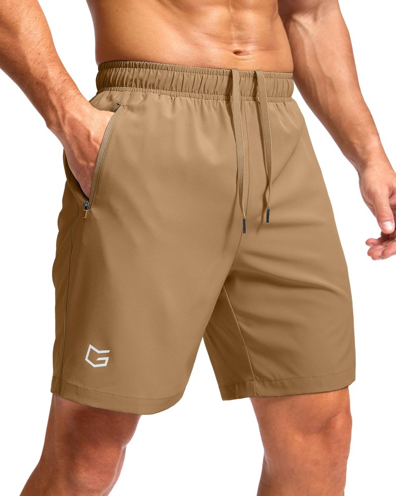 G Gradual Men's Athletic Running Shorts with Zipper Pockets Quick Dry 7"/ 5"/ 9" Workout Gym Shorts for Basketball Hiking(Dark Khaki,7L)