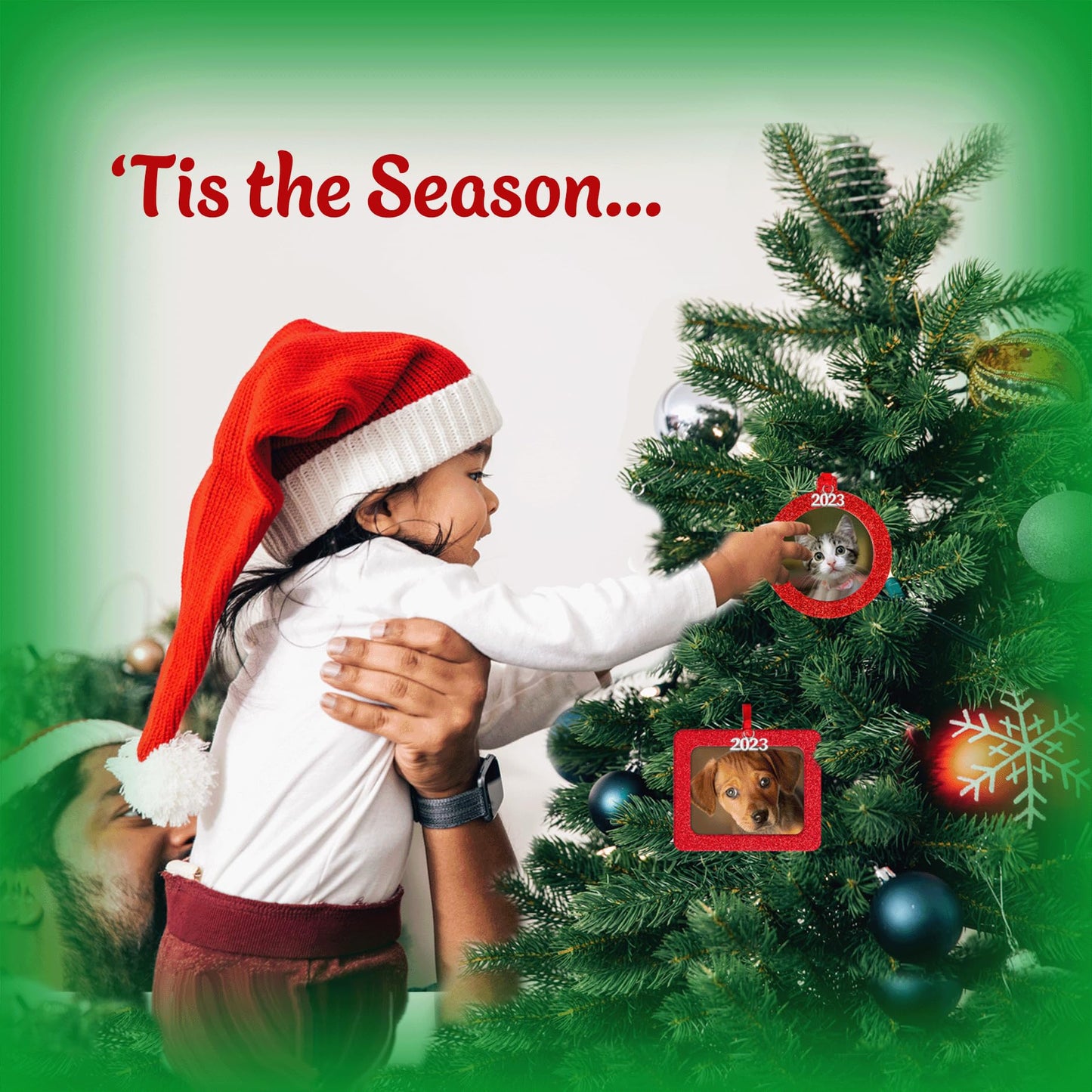 Expressly Yours! Photo Expressions 2025 Photo Ornaments for Christmas Tree, Christmas Picture Frame Ornament, Easy-Load Magnetic Frame with Ribbon, Charm & Photo Protector, Horizontal Buffalo Plaid