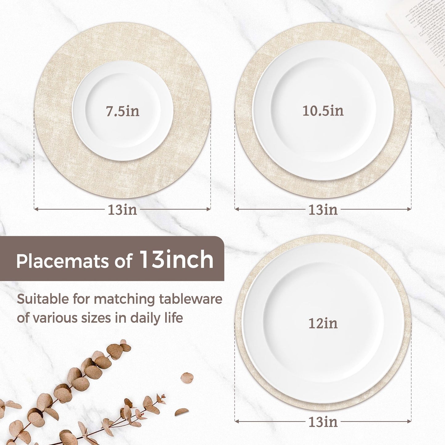 13" Round Placemats Set of 4, Reversible Faux Leather Heat Resistant Table Mats, 100% Waterproof Oilproof Wipeable Table Protective Placemats for Vinyl, Washable for Indoor & Outdoor Use (4, Beige)