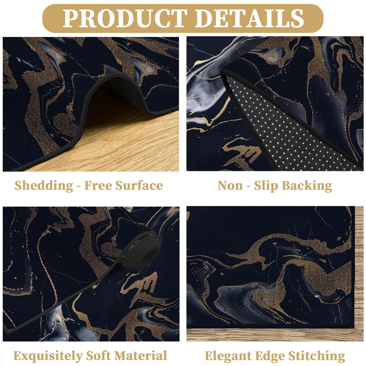 VTKON 5' x 7' Marble Area Rug for Living Room Bedroom Dining Room Black Gold Marble Rug Marble-Patterned Carpet Marbled Throw Rug for Kids Adults Washable Floor Mat Non-Slip Carpet Game Room Decor