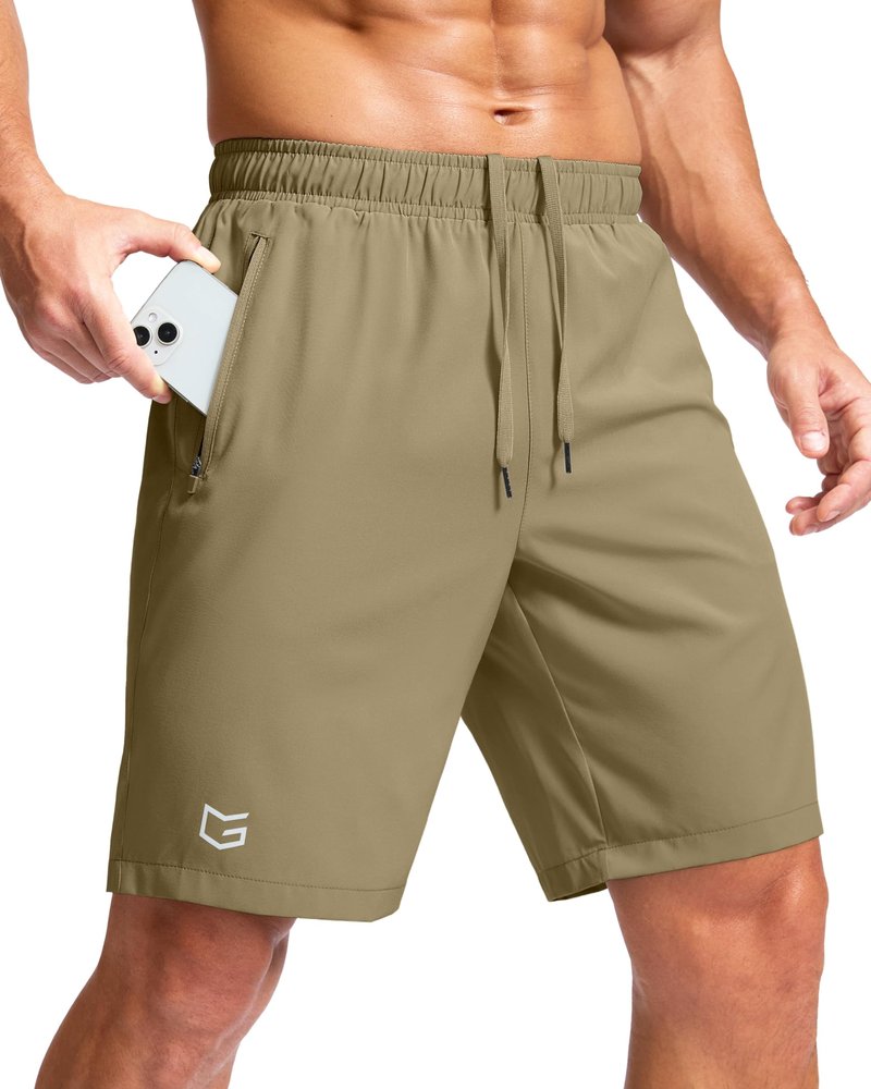 Men's Athletic Running Shorts with Zipper Pockets Quick Dry 7"/ 5"/ 9" Workout Gym Shorts for Basketball Hiking(Dusty Khaki,9XS)
