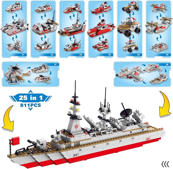 Sitodier Military Battleship Building Block Set for Kids811pcs 25 in 1 Cruiser Battle Ship Building Kit Toy for Boys Kids Ages 6-12 and 8-14 Beautiful Xmas Birthday Gift