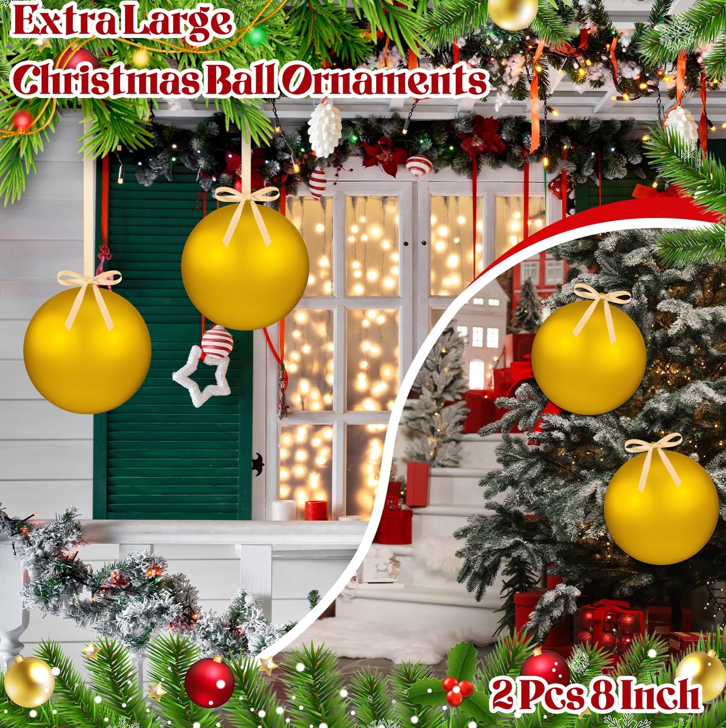 Zubebe 2 Pcs 8" Giant Fillable Christmas Ornaments with Ribbons Oversized Plastic Xmas Balls for Outdoor Lawn Yard Decor, Tree Hanging, Holiday Gifts(Matte Gold)