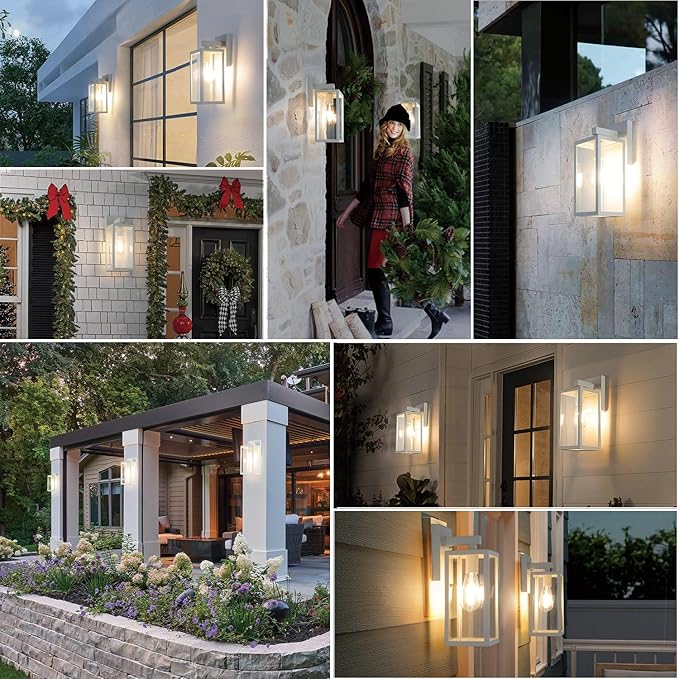 MAXvolador Outdoor Wall Sconce, Exterior Waterproof Lantern Light Fixtures, White Porch Light Toughened Glass, Anti-Rust E26 Patio Lighting, 2 Pack