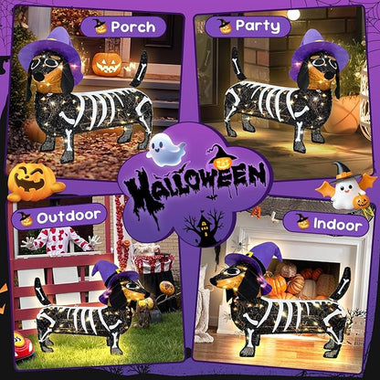 Pre-lit 25.5 Inches Long Halloween Skeleton Dachshund Dog with Witch Hats with Twinkle Lights Indoor Outdoor Decorations Halloween Decorations Lights for Home Garden Party Yard Decor Black
