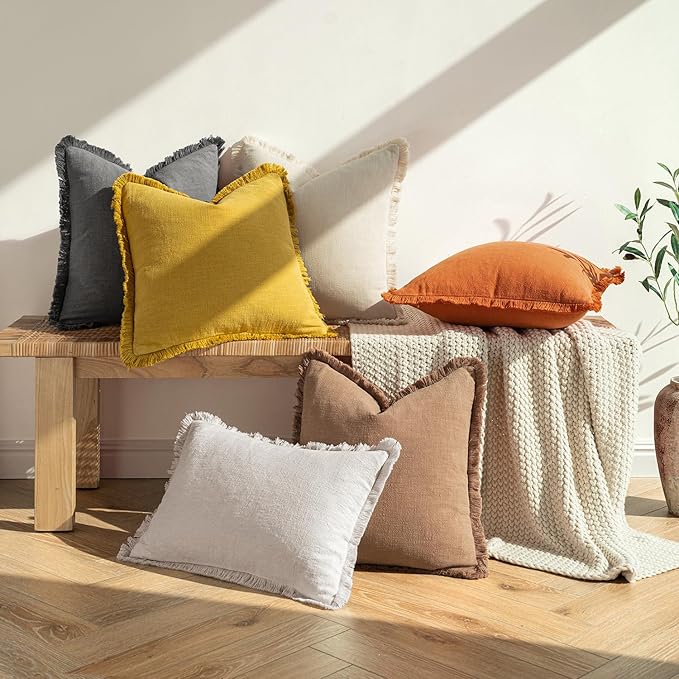 MIULEE Fall Decorative Throw Pillow Covers Neutral Linen Fringe Throw Pillows Set of 2 Orange Boho Farmhouse Cushion Covers with Tassels for Couch Sofa Bed Living Room Spring Home Decor 18x18 Inch