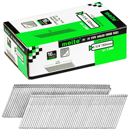 meite 16 Gauge 20 Degree Angled Finish Nails 1-1/4 Inch Leg Galvanized No-rust Finishing Nails for Finish Nailer Gun - Cabinet Crown Baseboard 4,000PCS