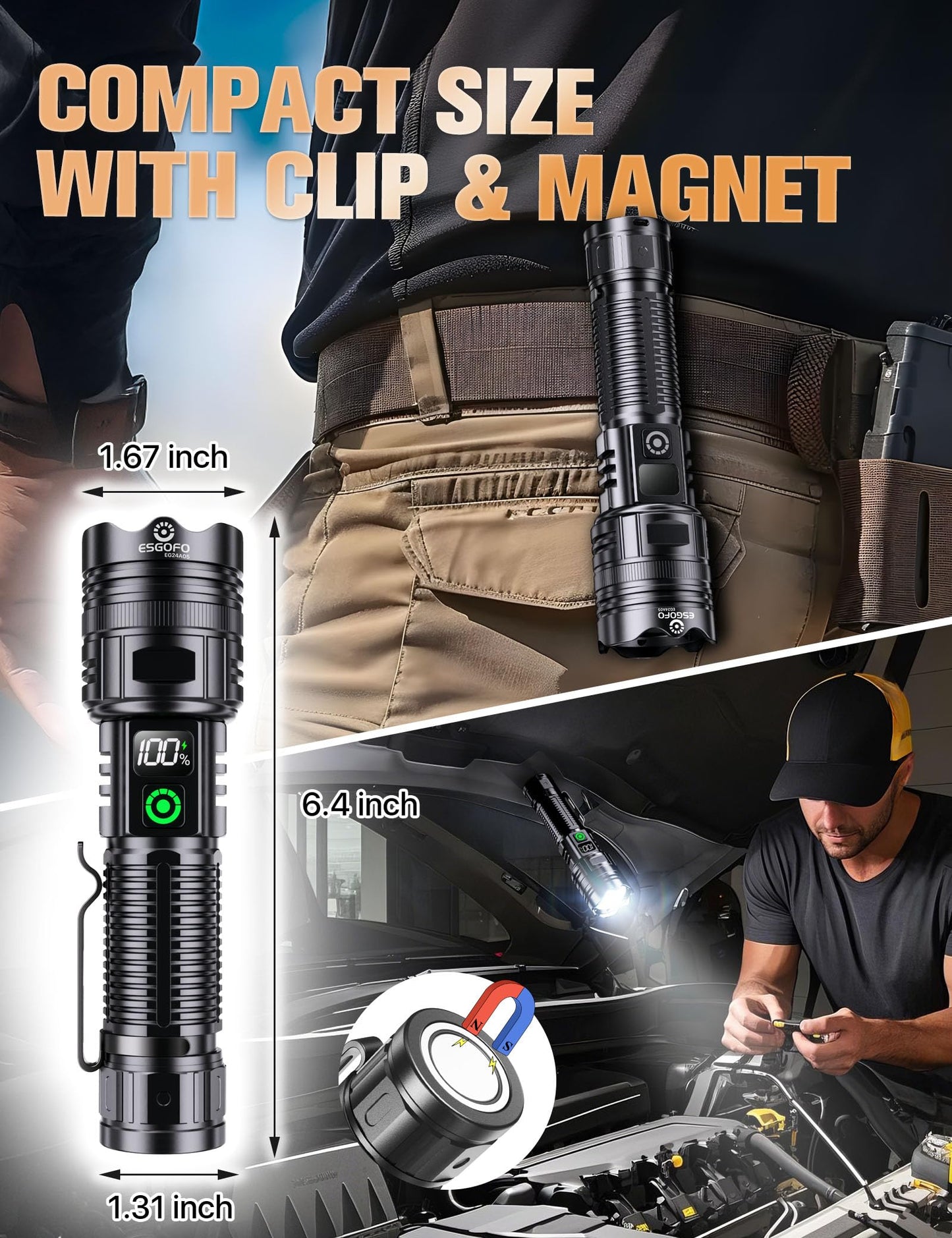 Esgofo Rechargeable Flashlights High Lumens 2000 2 Modes High/Low, Super Bright Magnetic LED Flashlight Long Distance 3280FT, Powerful Long Lasting Strong Flash Light USB C with Clip for Hiking