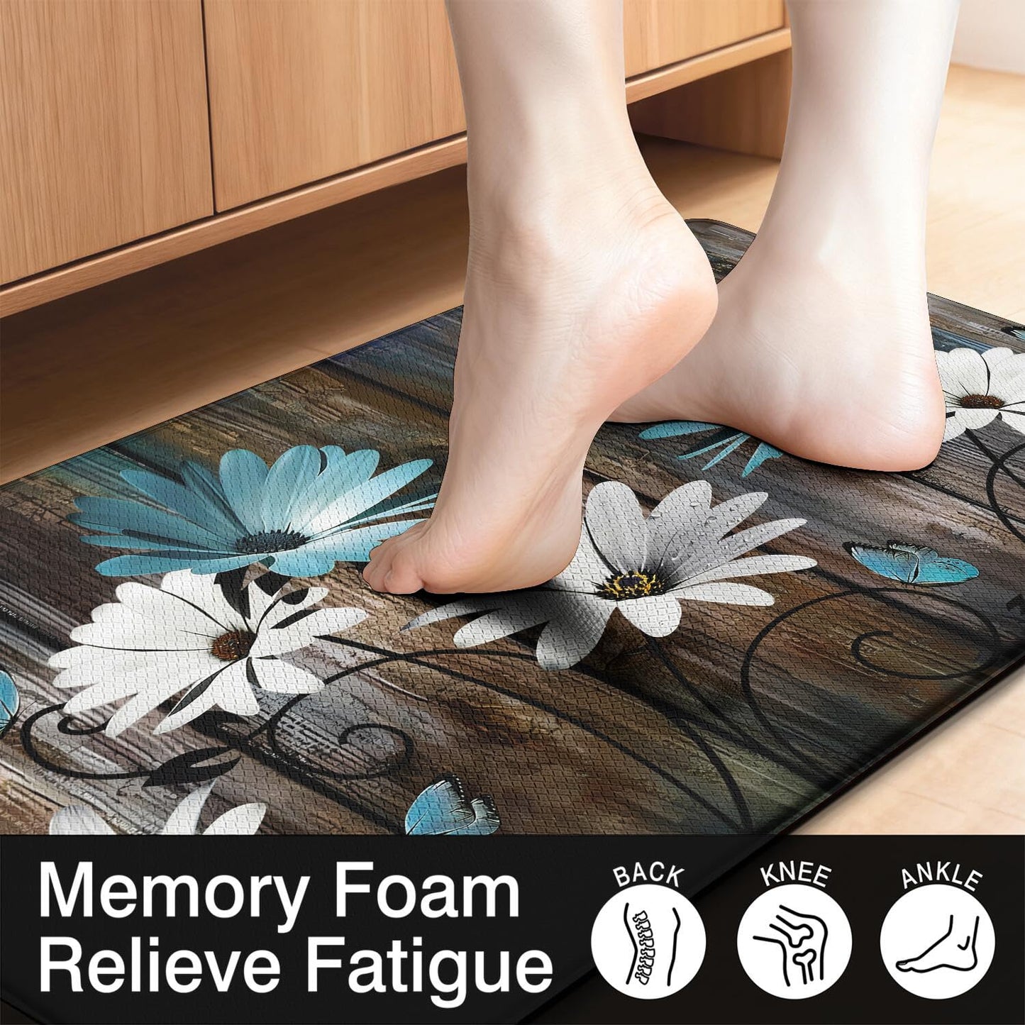 Anti Fatigue Farmhouse Kitchen Rugs Set of 2,Daisy Floral Kitchen Mats For Floor,Rustic Kitchen Decor, Anti-slip and Anti-Fatigue Foam Standing Mat,17x30 inch Sink Mat+17x47 inch Runner Rug Gray