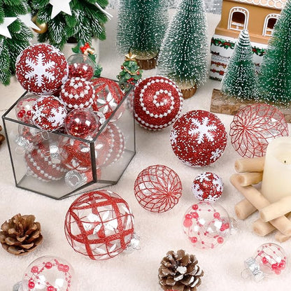 Super Holiday Christmas Ball Ornaments, 33PCS Red Clear Shatterproof Plastic Foam Ornaments Set for Hanging Xmas Tree Holiday Thanksgiving Party Decor.