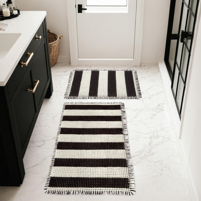 MatEssenz Bathroom Rugs Sets 2 Piece Absorbent Quick Drying Machine Washable,Non Slip, Bathroom Accessories, 17"x24"+18"x30", Black and White Stripes