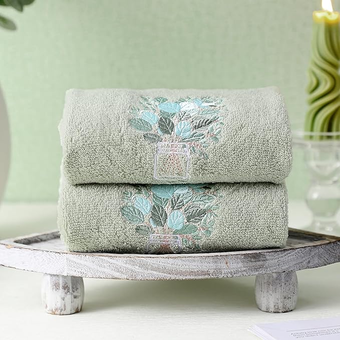 2 Pcs Eucalyptus Hand Towels Gray Green Bathroom Decor 14x29 Inch Embroidered
