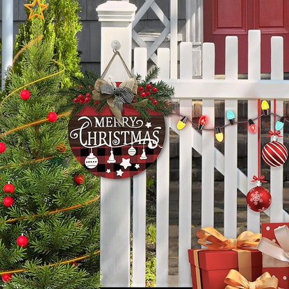 Merry Christmas Door Sign Xmas Buffalo Plaid Hanging Signs With Bow And Wreath Christmas Stars Wooden Sign for Front Door for Holiday Rustic Farmhouse Outdoor Wall Window Decor 12 Inch