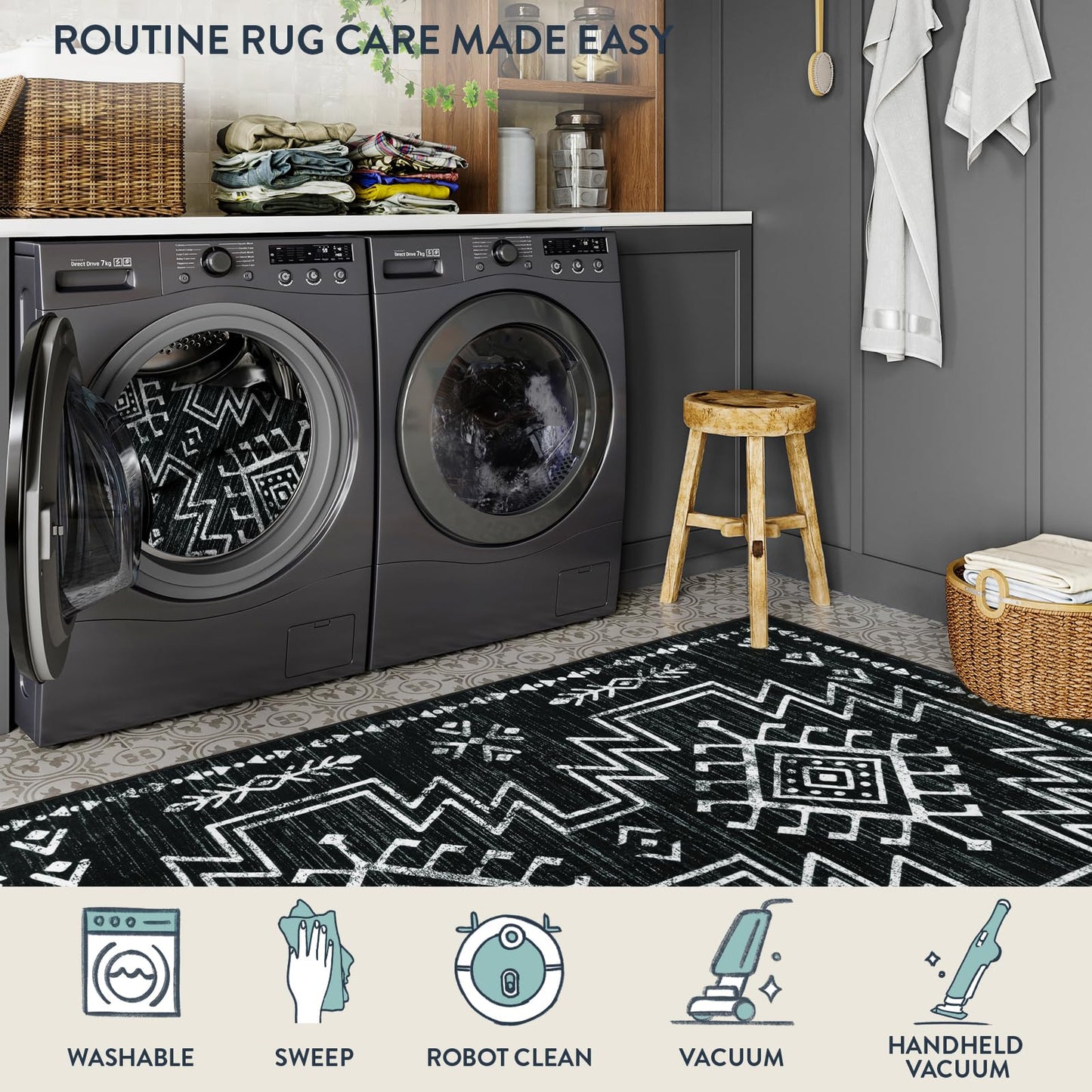 Lahome Vivienne 5x7 Western Black and White Rugs for Living Room, Washable Soft Aztec Rug for Bedroom, Boho Low Pile Distressed Moroccan Carpet for Dining Room Home Decor