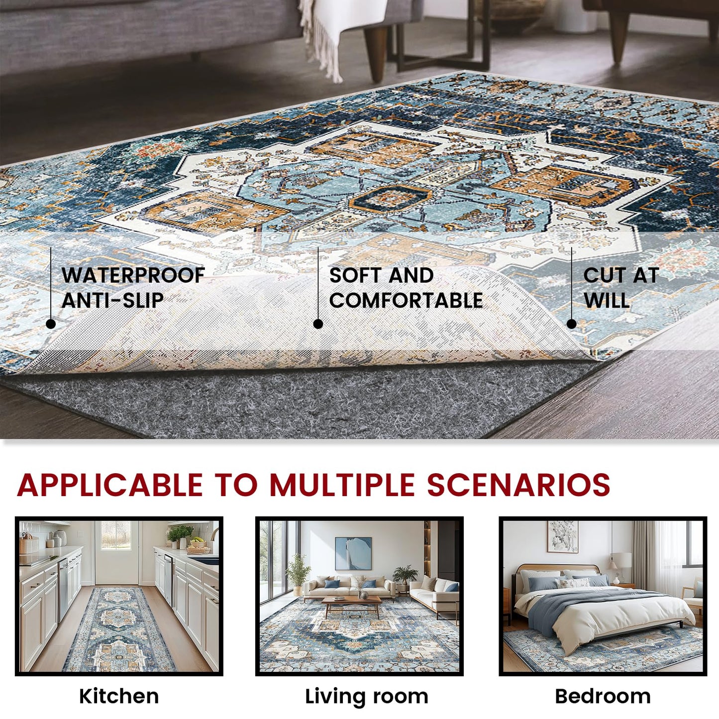 Waterproof Rug Pad, 5x7 ft Area Rug Non-Slip Carpet Pad, Non-Slip Rug Pads for All Floors and Finishes, Felt Pad for Hardwood Floors, Keeps Carpets in Place Soft and Safe
