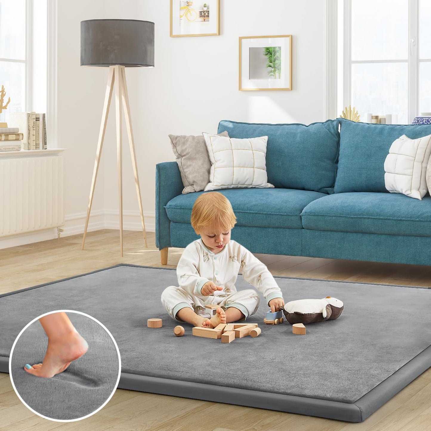 ILPEOD Baby Play Mat for Floor Nursery Rug Muscle Mat Area Rug Playroom Rug 59"x79" Playpen Mat Elastic Foam 1.3" Thick Crawling Mat for Babies,Toddlers, Infants, Kids,Grey