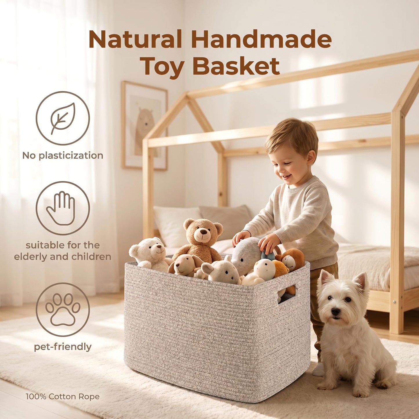 OIAHOMY 75L Large Woven Cotton Rope Storage Basket with Handle for Organizing Blanket and Toys for Living Room, Nursery, Brown Variegated 22”x17”x12”