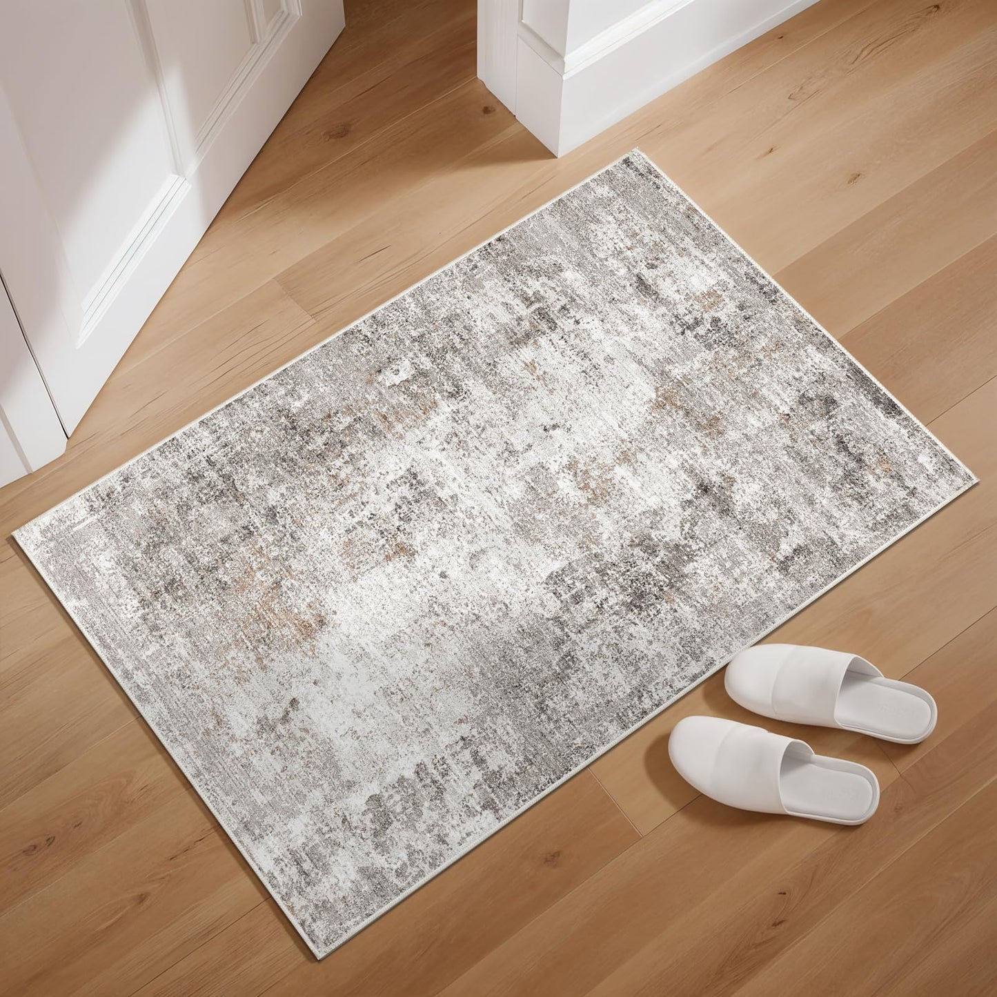 2x3 Washable Non-Slip Area Rug - Soft Low Pile Throw Rug for Kitchen Entryway Bedroom - Modern Indoor Door Mat with Rubber Backing (Beige Grey)