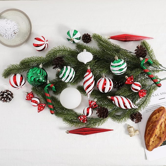 Christmas Ball Ornaments Set Shatterproof Christmas Tree Ornaments 24 PCS Painted Shaped Styles Xmas Tree for Holiday Decor,Red and Green