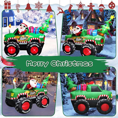 8FT Long Christmas Inflatables Monster Truck, Xmas Blow up Santa Driving Truck with Christmas Tree and Gifts Boxes Outdoor Decorations, X-mas Inflatable Yard Garden Lawn Party Holiday Decor