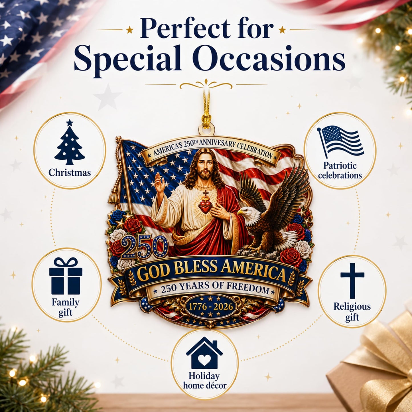 God Bless America Anniversary USA 250 Ornament, 2D Acrylic USA 250 Merchandise, Fourth of July Decorations, Patriotic Decor, USA 250th Anniversary 4th of July Gifts, USA 250th Birthday Gifts