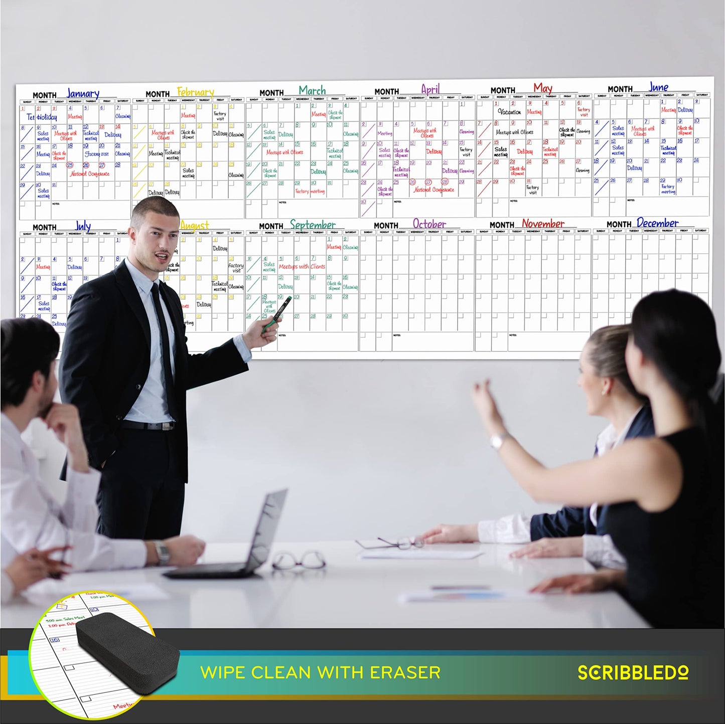 Extra Large 100"x36" Dry Erase Monthly Planner – 12-Month Whiteboard Calendar Includes 6 white Board Markers Eraser Push Pins & Mounting Tape