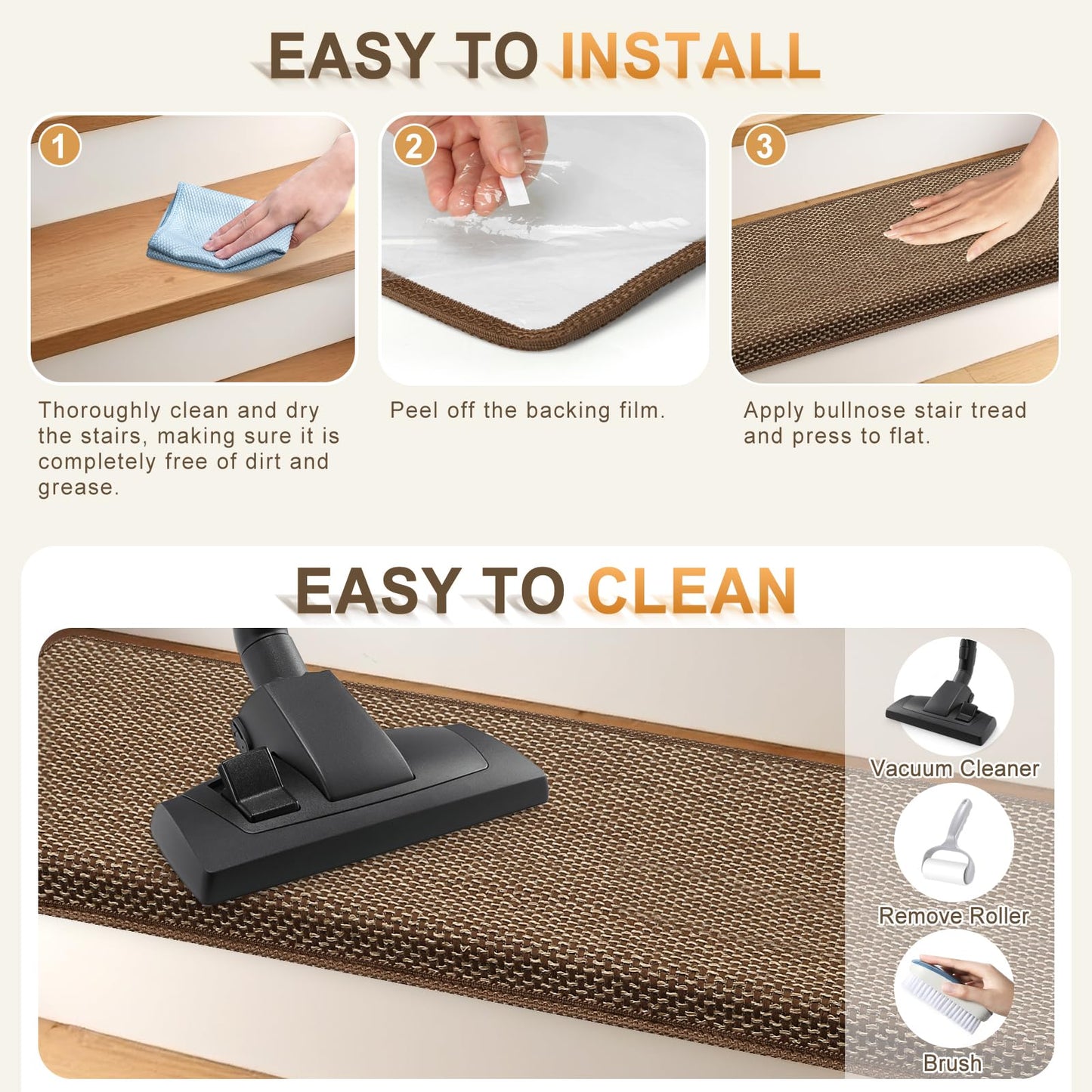 SMILOOL Bullnose Carpet Stair Treads Non Slip for Wooden Steps Indoor, 9.5" x 35" 14 Pieces, Extra Wide Bull Nose Carpet Runners for Wood Stairs, Step Covers, Stair Tread Rugs, Washable, Brown