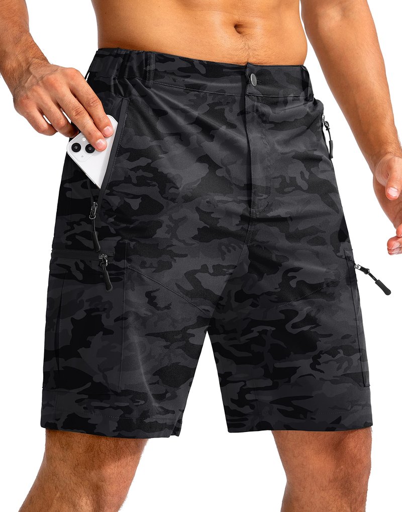 Pudolla Men's Hiking Cargo Shorts 9" Lightweight Outdoor Work Shorts for Men Travel Golf Camping Casual with 5 Zipper Pockets(Black Camo X-Large)
