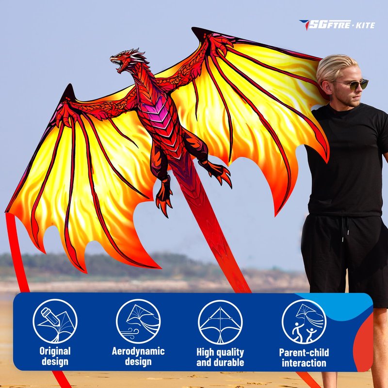 SGftre Complete Kite with Handle, Line & Accessories,Easy to Fly for Kids & Adults, Perfect for Beach, Park, Family Outdoor Activities (Speed Dragon Yellow, 1)