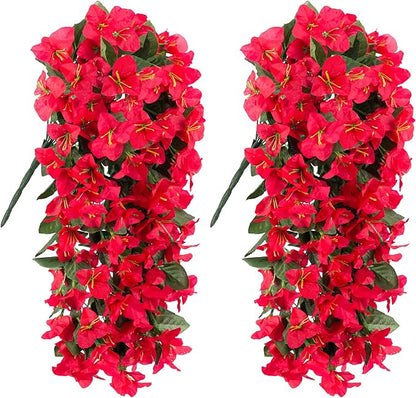HyeFlora Bougainvillea Artificial Hanging Flowers Plants for Outdoors Decoration, 2pcs Fake Flowers Silk Bougainvillea Vines Realistic UV Resistant Faux Flowers for Outdoor Planters Porch Patio, Red