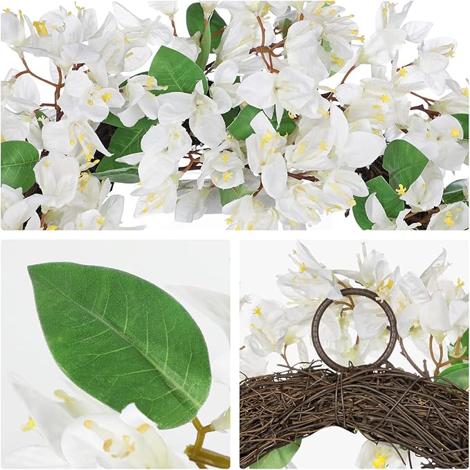 Briful Spring Wreaths for Front Door 18'' Fake Bougainvillea Flower Wreath Silk White Floral Hanging Wreath Outdoor Summer Wreath for Home Wall Fireplace Front Porch Patio Décor