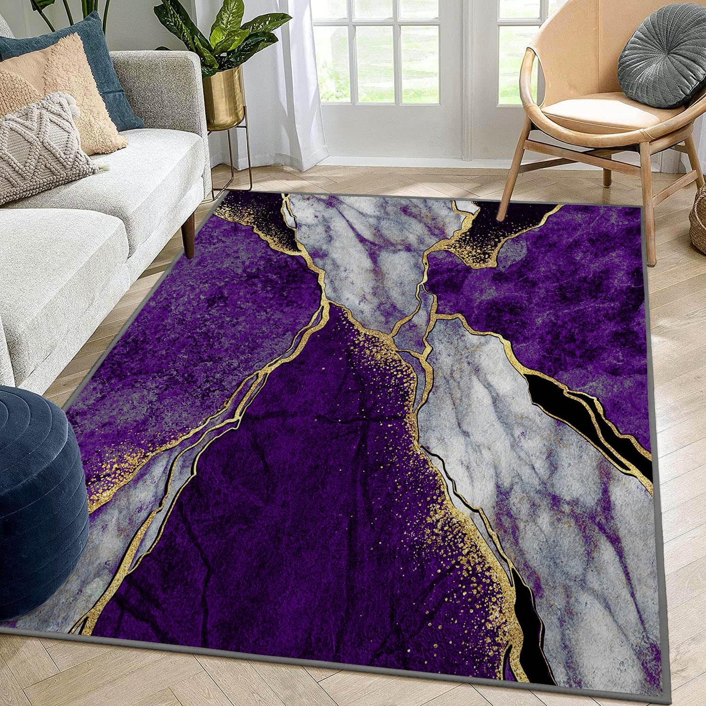 Azppsad Abstract Area Rug, Purple Gray Marble and Golden Pattern, Machine Washable Modern Non-Slip Rug, Home Decor Floor Carpet for Classroom Laundry Bedroom Living Room, 5' x 7'