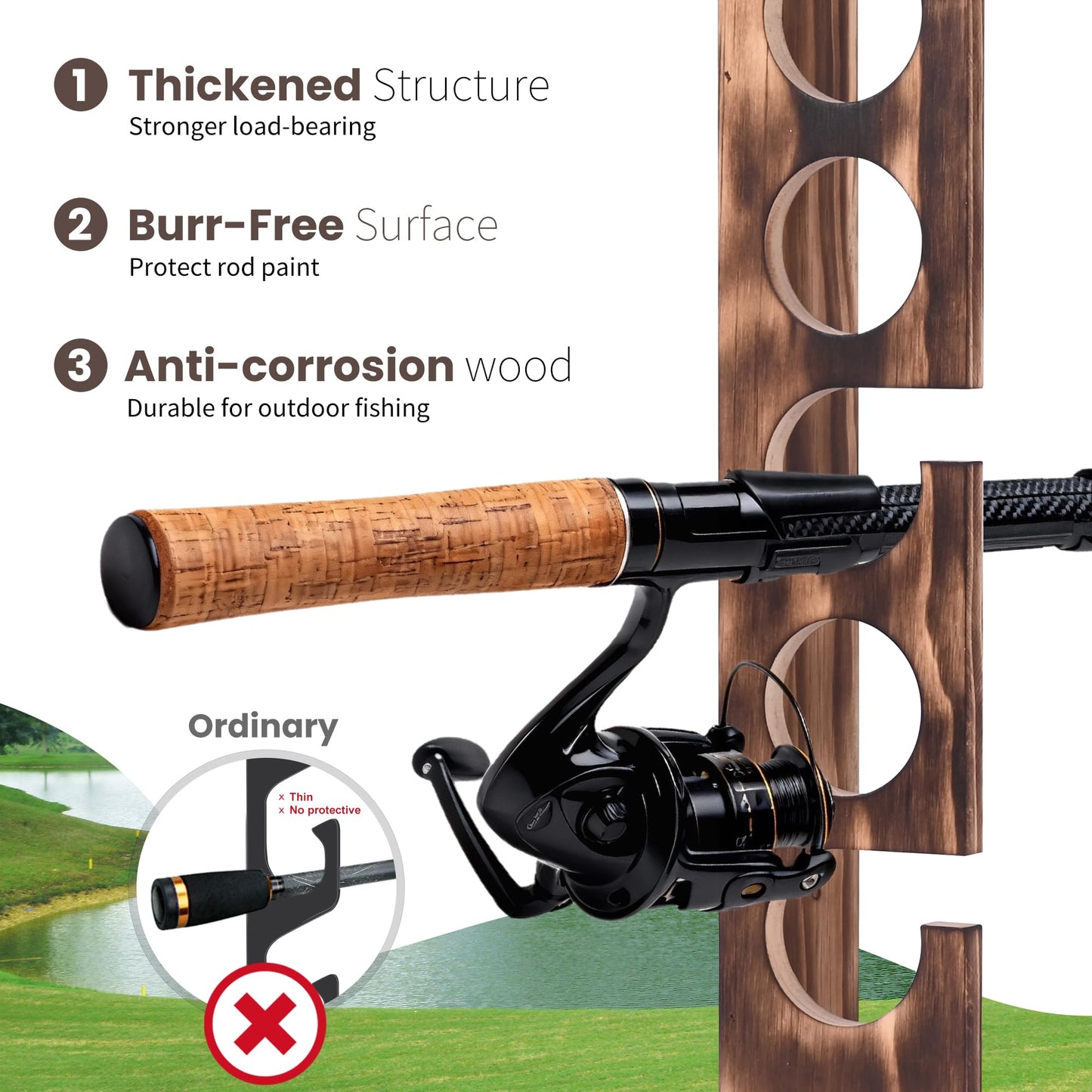 Wooden fishing rod holder Wall or Ceiling Mount – Holds Up to 6 Rods or Combos, Fishing Pole Holder for Garage, Boat, Cabin & Tackle Storage Organization