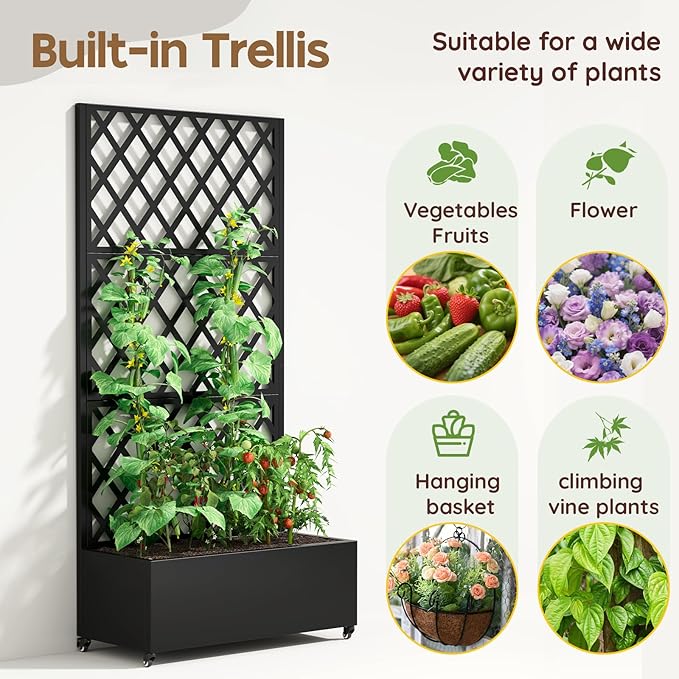 Metal Raised Garden Bed with Trellis & Wheels,72" x 35"x 15.7" Planter Box with Trellis,Privacy Planters for Patio,Garden Bed for Climbing Plants,Suitable for Climbing Plants and Vegetables,Black