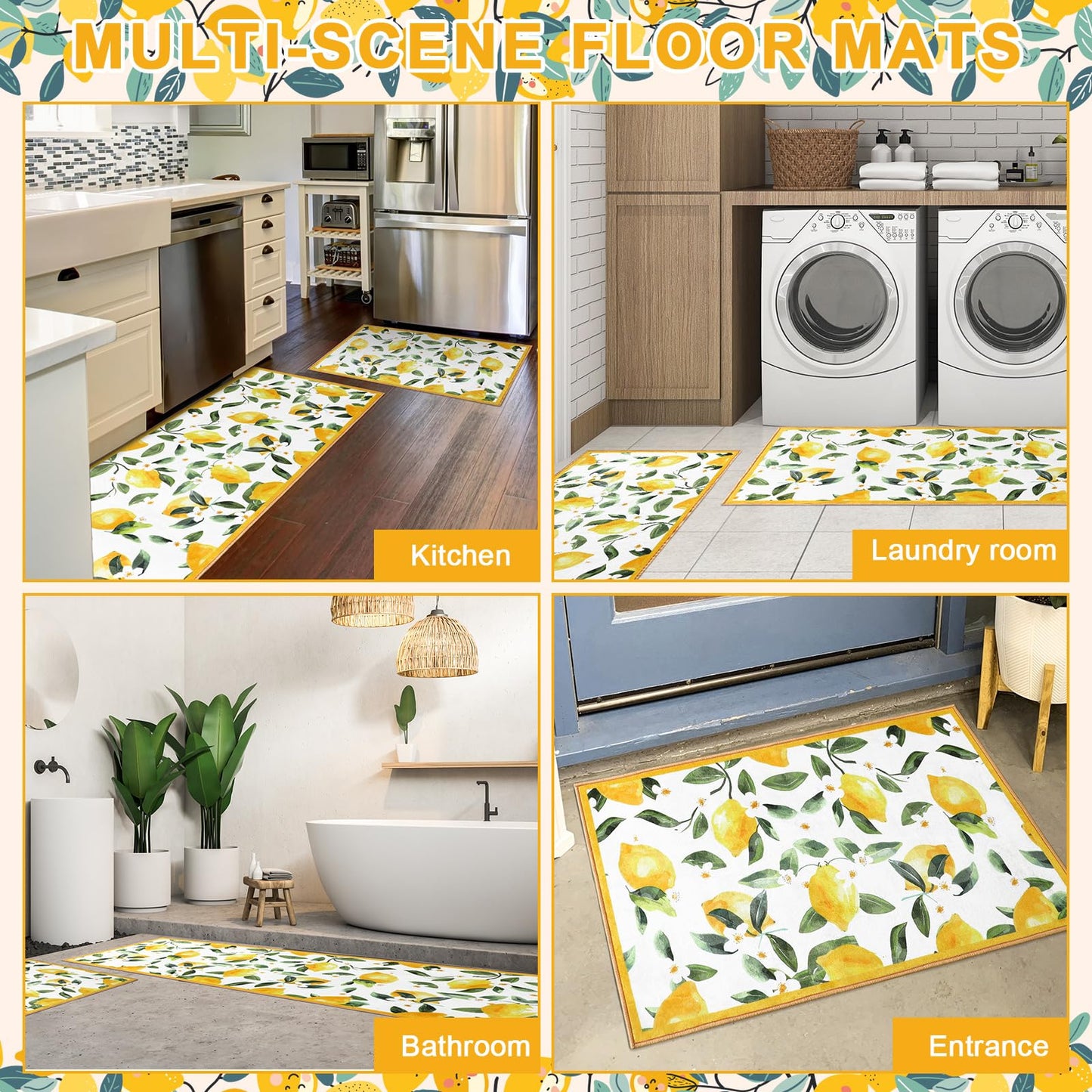 Sliner White 2 Pcs Lemon Kitchen Mats Lemon Kitchen Rugs for Floor Washable Soft Non Slip Carpet for Bathroom Sink Laundry Decor, 17" x 30" + 17" x 47"