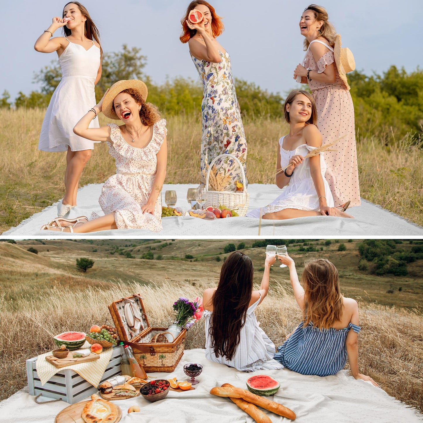 Hahafelt 91x 71 in Extra Large Outdoor Picnic Blanket with Waterproof Mat Oversize Beach Woven Cotton Yarn Blanket with Fringe Machine Sandproof for Spring Summer Camping Beach Park(Boho,White)