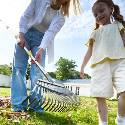 Yocada 19.3" Garden Leaf Rake Wide Heavy Duty Adjustable Long Handle Garden Rake for Yard Garden Lawn Leaves (25 Tines)