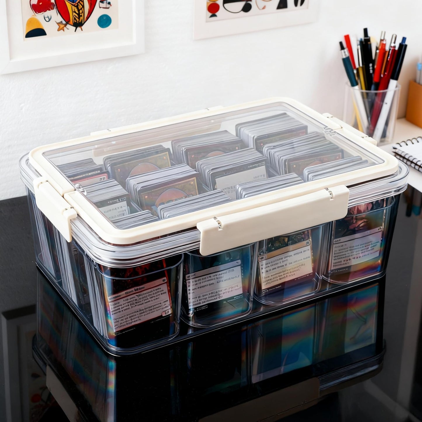 PUGED MTG Card Storage Box 3100+ Acrylic Large Trading Card Box Clear Organizer Display Case with Portable Handle 4 Removable Case for MTG TCG Cards
