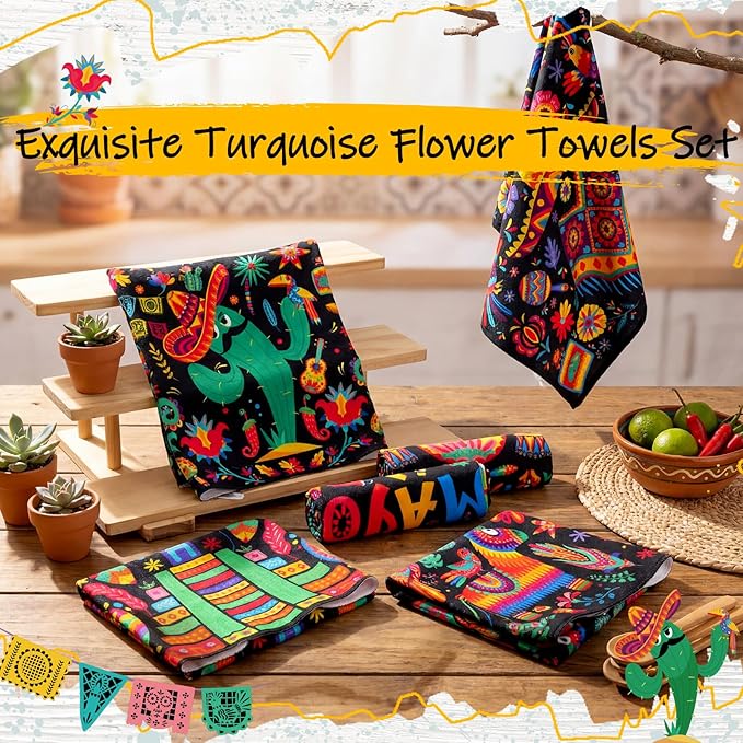 Breling Set of 6 Mexican Kitchen Towels Floral Dish Towel Cinco De Mayo