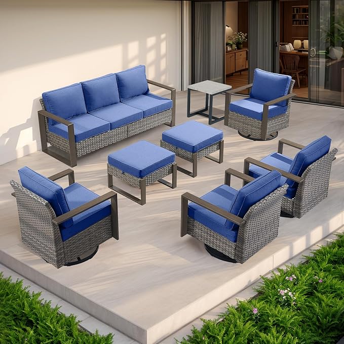 Rilyson Outdoor Wicker Patio Furniture Set - 5 Piece Patio Conversation Set with 2 Wicker Swivel Rocker Chairs,2 Ottoman, 1 Side Table, Thick Cushions, Deep Seating, Wide Armrest(Mixed Grey/Blue)