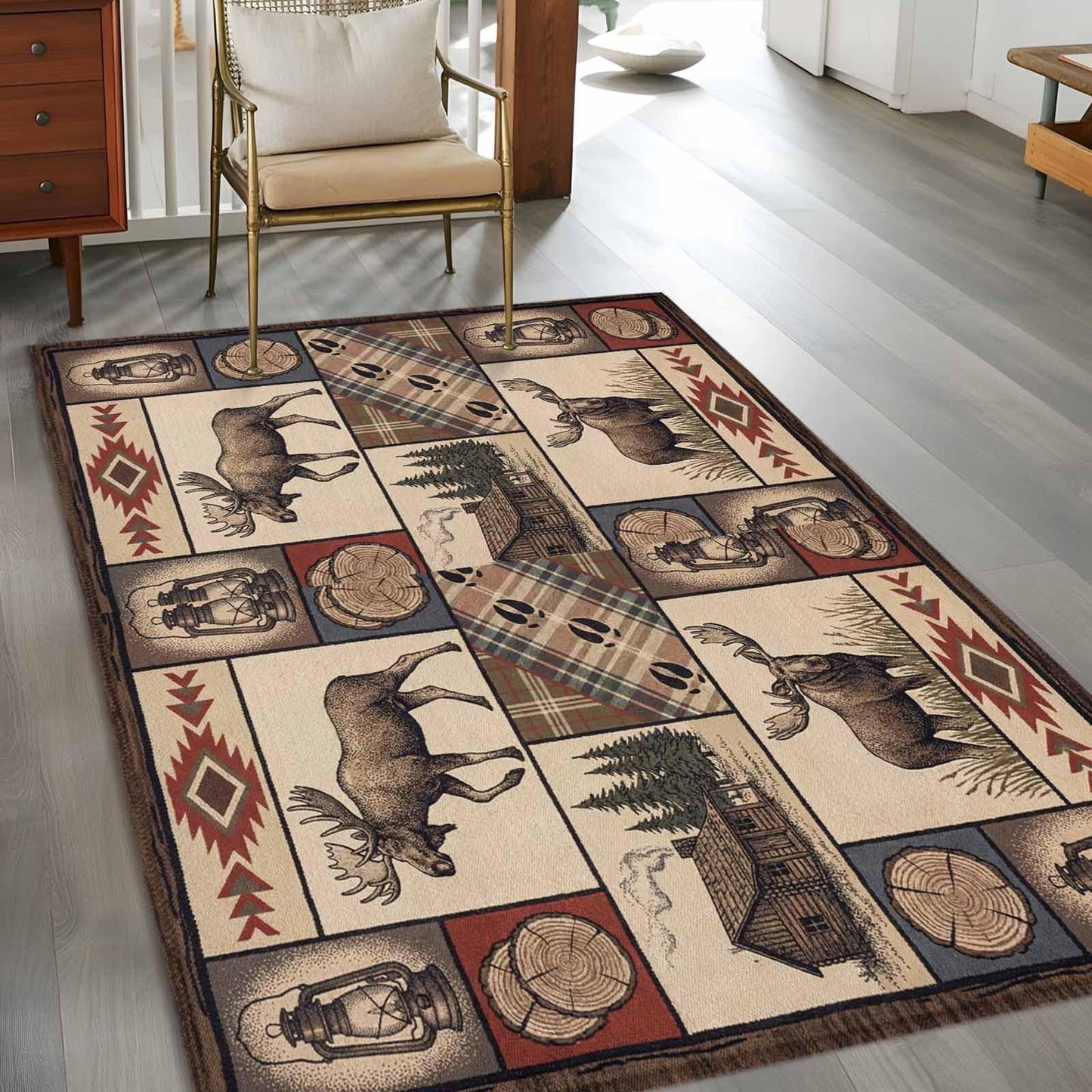 Country Style Washable Rug 4x6 Farm Buck Wooden House Aztec Plaid Patchwork Area Rugs for Living Room Non Slip Non Shedding Floor Carpet Low-Pile Rug for Kitchen Bedroom Entryway Office