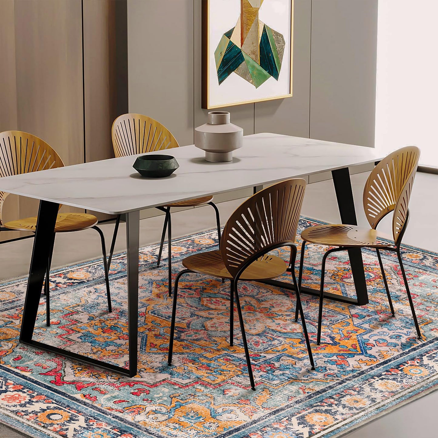 CHAMPLANT Washable Area Rug 9'x12' Boho Chic Medallion Distressed Design Non-Shedding Easy Care Ideal for High Traffic Areas in Living Room Bedroom Office Coffee Table Large Carpet