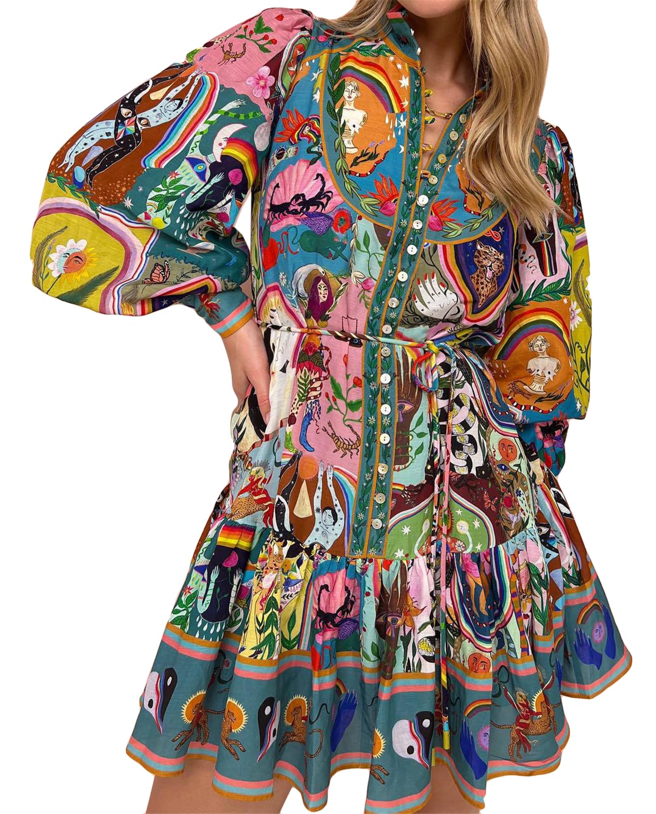 Qikaka Women's Long Puff Sleeve Turtleneck Printed Button Bodycon Sexy Nightclub Party Blouse Dress Medium