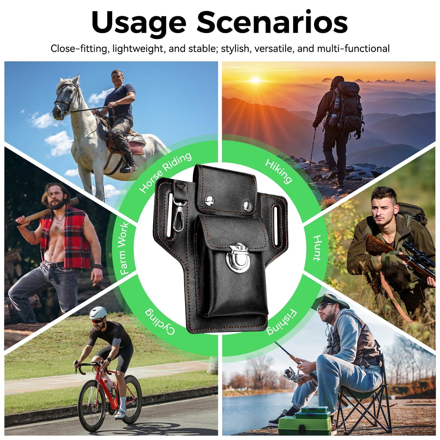 Leather Cell Phone Holster for Men, EDC Belt Pouch with Magnetic Closure & Keychain Clip, Lightweight Universal Waist Phone Case for Large Phones, Dog Walking, Travel & Hiking