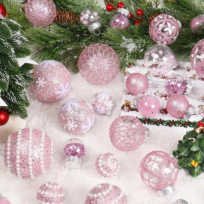 Super Holiday Christmas Ball Ornaments, 33PCS Pink Clear Shatterproof Plastic Foam Ornaments Set for Hanging Xmas Tree Holiday Thanksgiving Valentine's Day Party Decor.