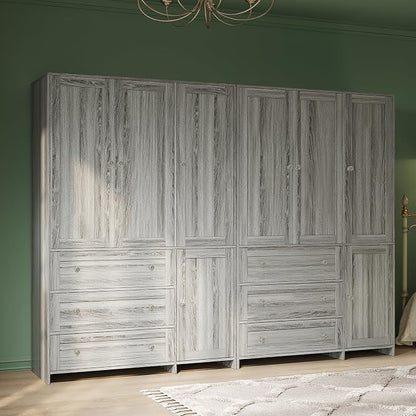 VOWNER Armoire Wardrobe Closet with Drawers and Mirror, 71" Clothing Storage Cabinet with Hanging Rod, 4 Doors Wooden Wardrobe Cabinet for Bedroom, Large Capacity Storage (1, Gray Oak)