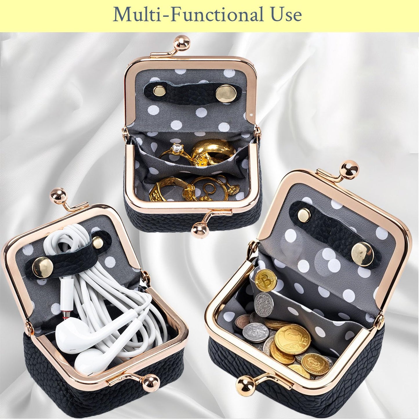 FURZART Genuine Leather Jewelry Travel Case Mini Portable Organizer with Kiss Lock & Anti-Tip Design, Stable Small Jewelry Box for Earrings, Rings, Coin Purse & Travel (2.55x1.77 Inch, Black)
