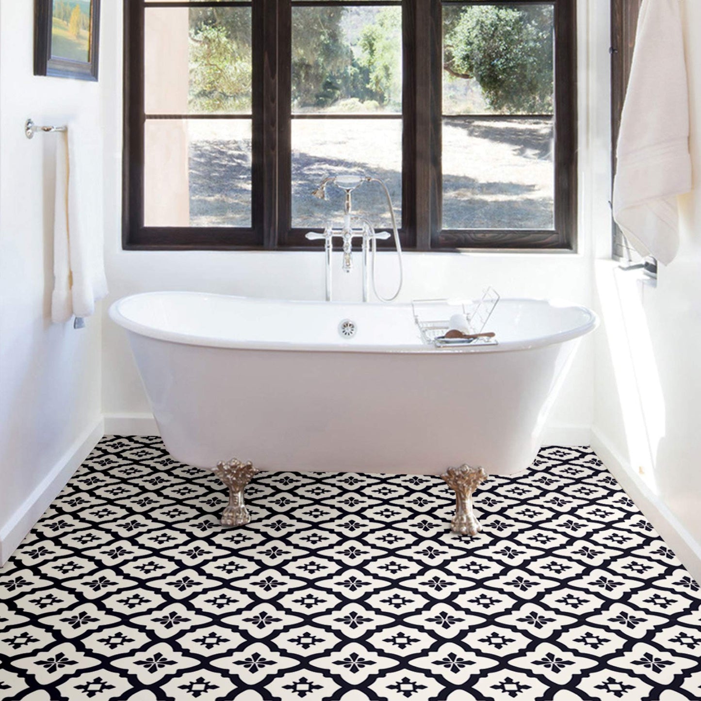 FloorPops Comet Peel and Stick Floor Tiles, Black, Geometric Vinyl Floor Tiles, Water Resistant, 12 in x 12 in, Pack of 10